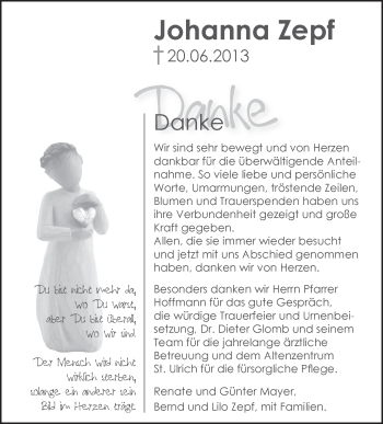 Anzeige von Johanna Zepf von Schwäbische Zeitung