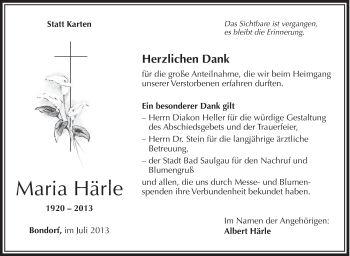 Anzeige von Maria Härle von Schwäbische Zeitung
