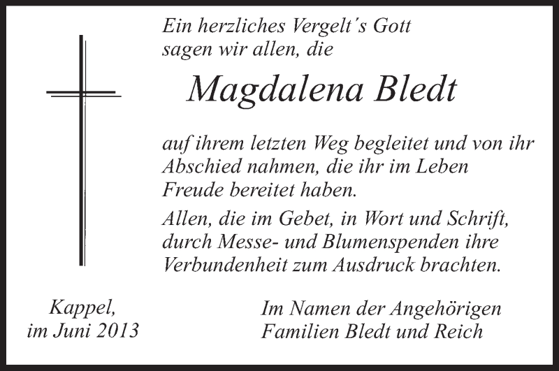  Traueranzeige für Magdalena Bledt vom 04.07.2013 aus Schwäbische Zeitung