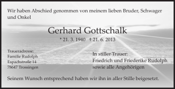 Anzeige von Gerhard Gottschalk von Schwäbische Zeitung