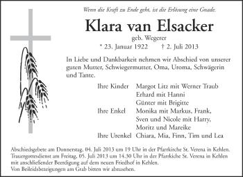Anzeige von Klara van Elsacker von Schwäbische Zeitung