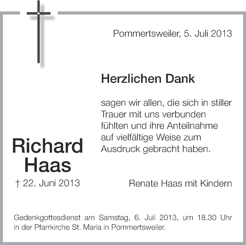  Traueranzeige für Richard Haas vom 05.07.2013 aus Schwäbische Zeitung