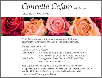 Anzeige von Concetta Cafaro von Schwäbische Zeitung