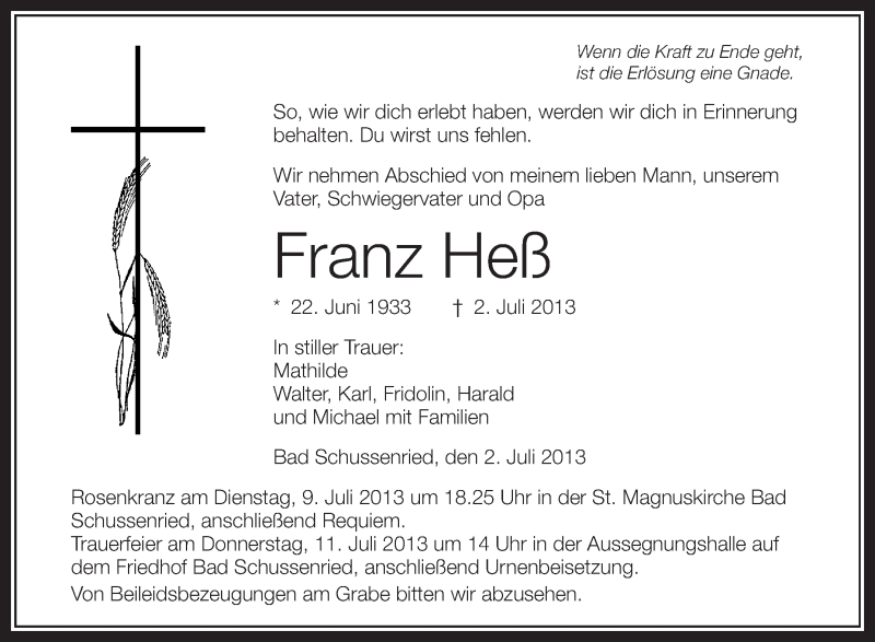  Traueranzeige für Franz Heß vom 06.07.2013 aus Schwäbische Zeitung