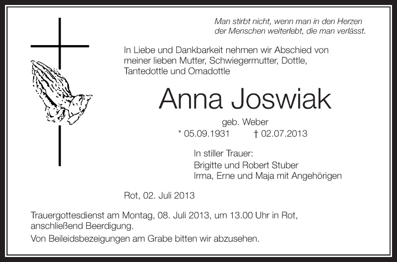  Traueranzeige für Anna Joswiak vom 05.07.2013 aus Schwäbische Zeitung