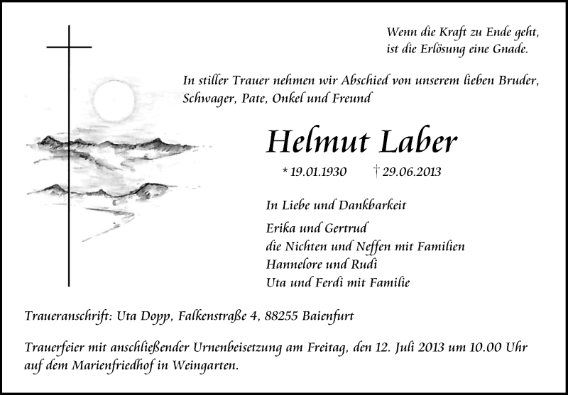  Traueranzeige für Helmut Laber vom 09.07.2013 aus Schwäbische Zeitung
