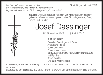 Anzeige von Josef Dassinger von Schwäbische Zeitung