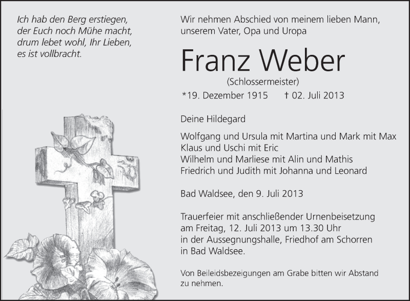  Traueranzeige für Franz Weber vom 09.07.2013 aus Schwäbische Zeitung
