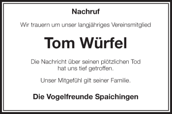 Anzeige von Tom Würfel von Schwäbische Zeitung
