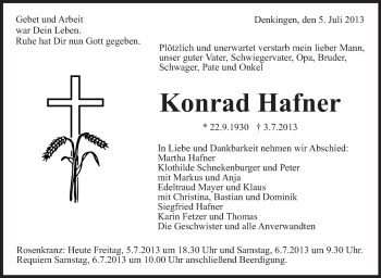 Anzeige von Konrad Hafner von Schwäbische Zeitung