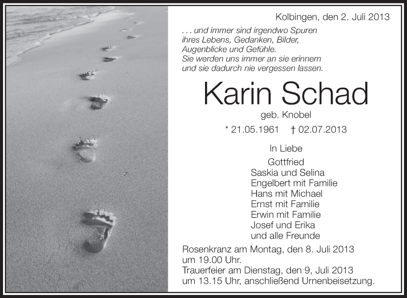  Traueranzeige für Karin Schad vom 06.07.2013 aus Schwäbische Zeitung