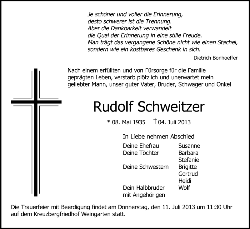  Traueranzeige für Rudolf Schweitzer vom 06.07.2013 aus Schwäbische Zeitung