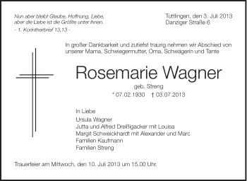 Anzeige von Rosemarie Wagner von Schwäbische Zeitung