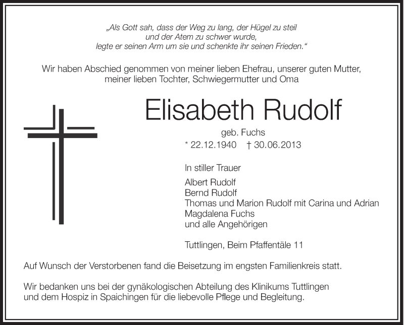  Traueranzeige für Elisabeth Rudolf vom 09.07.2013 aus Schwäbische Zeitung