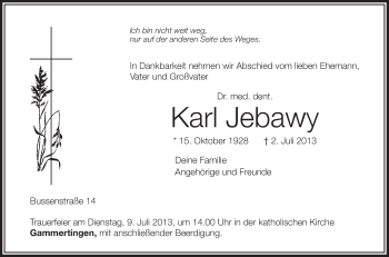 Anzeige von Karl Jebawy von Schwäbische Zeitung