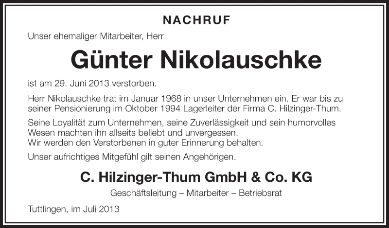  Traueranzeige für Günter Nikolauschke vom 08.07.2013 aus Schwäbische Zeitung