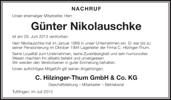 Anzeige von Günter Nikolauschke von Schwäbische Zeitung