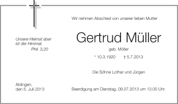 Anzeige von Gertrud Müller von Schwäbische Zeitung
