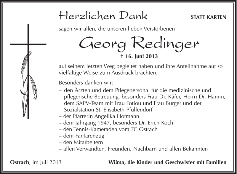  Traueranzeige für Georg Redinger vom 09.07.2013 aus Schwäbische Zeitung
