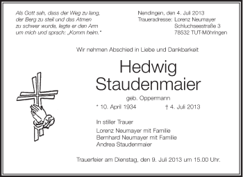 Anzeige von Hedwig Staudenmaier von Schwäbische Zeitung
