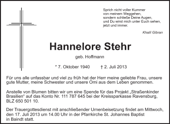 Anzeige von Hannelore Stehr von Schwäbische Zeitung