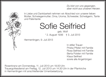 Anzeige von Sofie Seifried von Schwäbische Zeitung