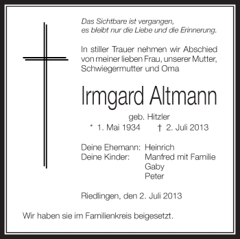 Anzeige von Irmgard Altmann von Schwäbische Zeitung