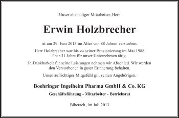 Anzeige von Erwin Holzbrecher von Schwäbische Zeitung