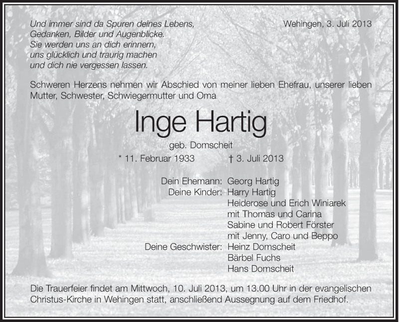  Traueranzeige für Inge Hartig vom 08.07.2013 aus Schwäbische Zeitung