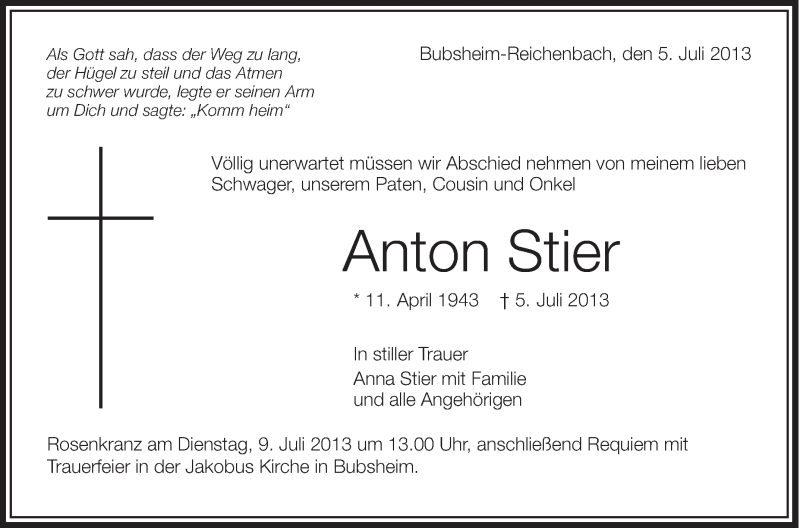  Traueranzeige für Anton Stier vom 08.07.2013 aus Schwäbische Zeitung