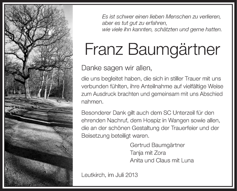  Traueranzeige für Franz Baumgärtner vom 09.07.2013 aus Schwäbische Zeitung