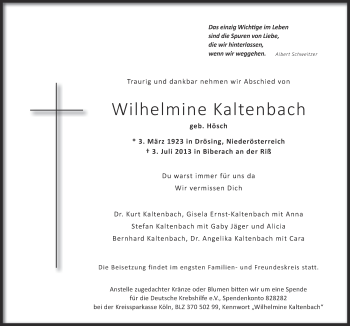 Anzeige von Wilhelmine Kaltenbach von Schwäbische Zeitung