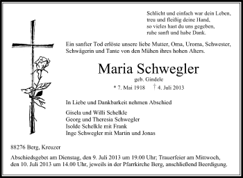 Anzeige von Maria Schwegler von Schwäbische Zeitung