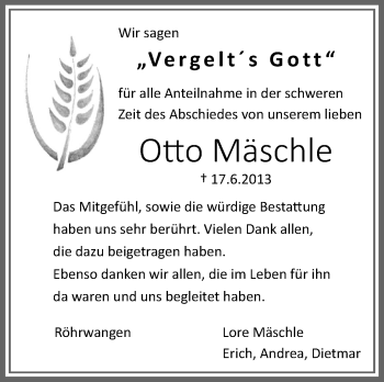Anzeige von Otto Mäschle von Schwäbische Zeitung