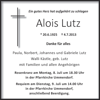 Anzeige von Alois Lutz von Schwäbische Zeitung
