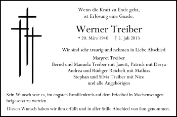 Anzeige von Werner Treiber von Schwäbische Zeitung