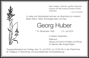Anzeige von Georg Huber von Schwäbische Zeitung