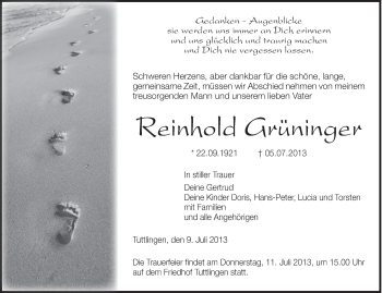 Anzeige von Reinhold Grüninger von Schwäbische Zeitung
