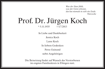 Anzeige von Jürgen Koch von Schwäbische Zeitung
