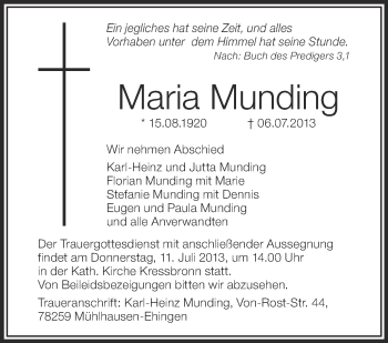 Anzeige von Maria Munding von Schwäbische Zeitung