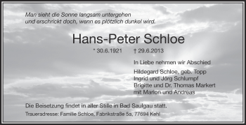 Anzeige von Hans-Peter Schloe von Schwäbische Zeitung