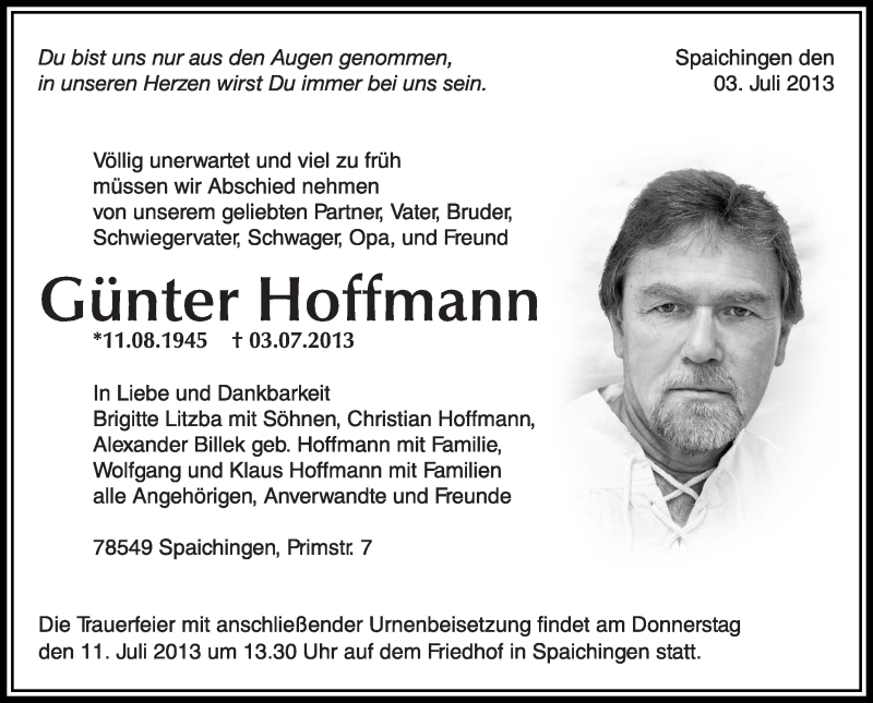  Traueranzeige für Günter Hoffmann vom 09.07.2013 aus Schwäbische Zeitung