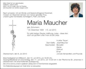 Anzeige von Maria Maucher von Schwäbische Zeitung