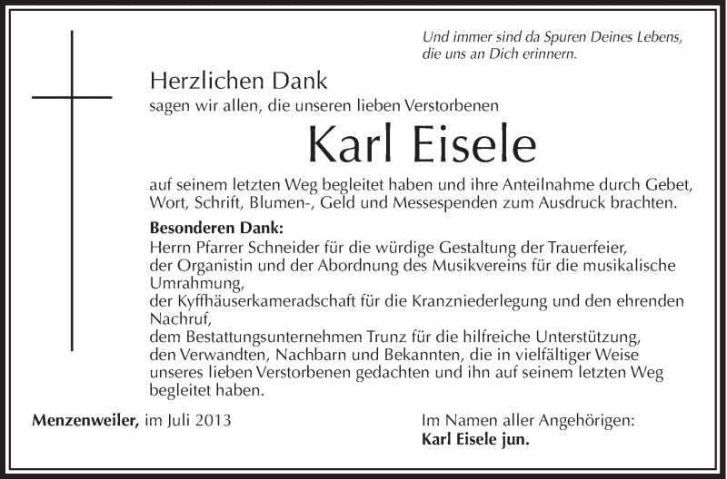  Traueranzeige für Karl Eisele vom 09.07.2013 aus Schwäbische Zeitung