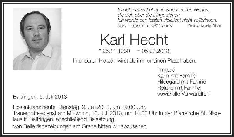  Traueranzeige für Karl Hecht vom 09.07.2013 aus Schwäbische Zeitung