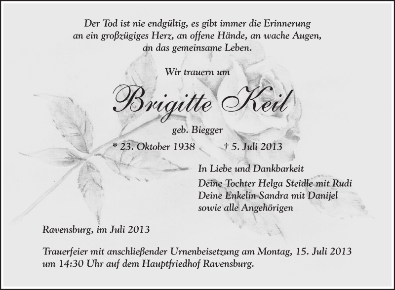  Traueranzeige für Brigitte Keil vom 11.07.2013 aus Schwäbische Zeitung