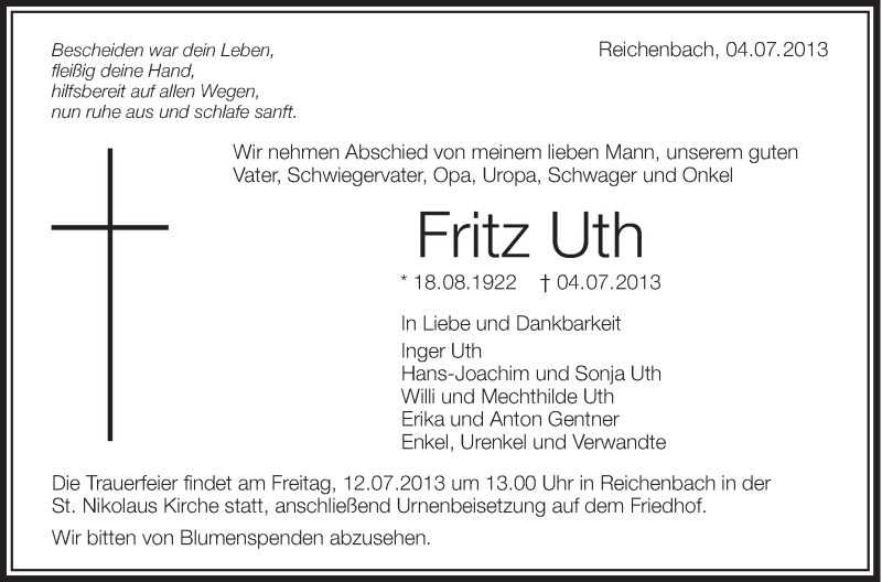  Traueranzeige für Fritz Uth vom 10.07.2013 aus Schwäbische Zeitung
