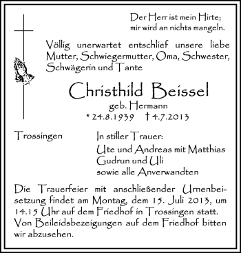 Anzeige von Christhild Beissel von Schwäbische Zeitung
