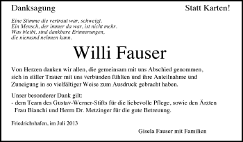 Anzeige von Willi Fauser von Schwäbische Zeitung