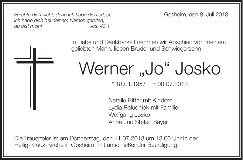  Traueranzeige für Werner Josko vom 10.07.2013 aus Schwäbische Zeitung